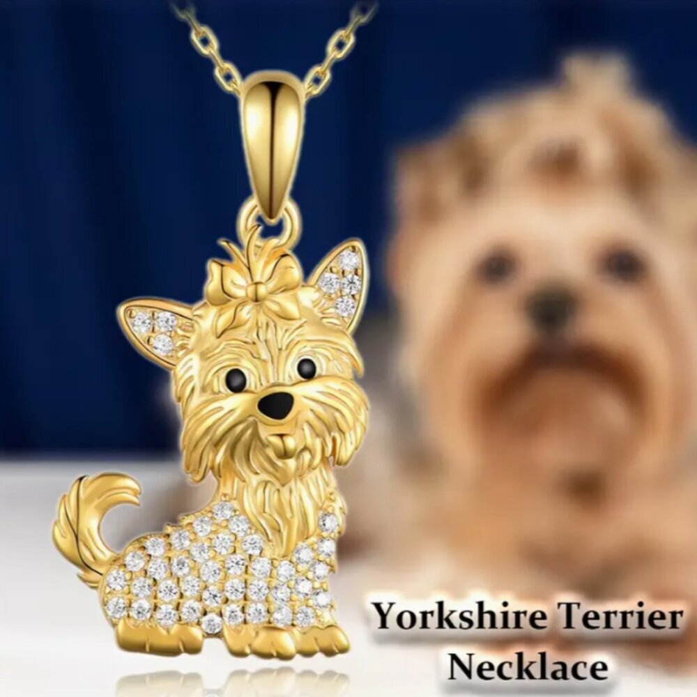 Cute Yorkshire Rhinestone Yorkie Puppy Pendant Goldplated Pet Lovers Necklace